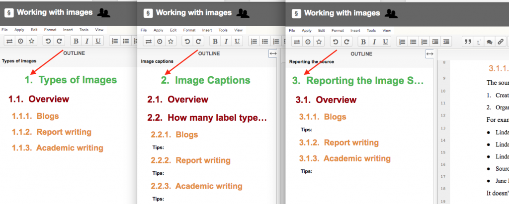 Writing in multiple sections-numbering